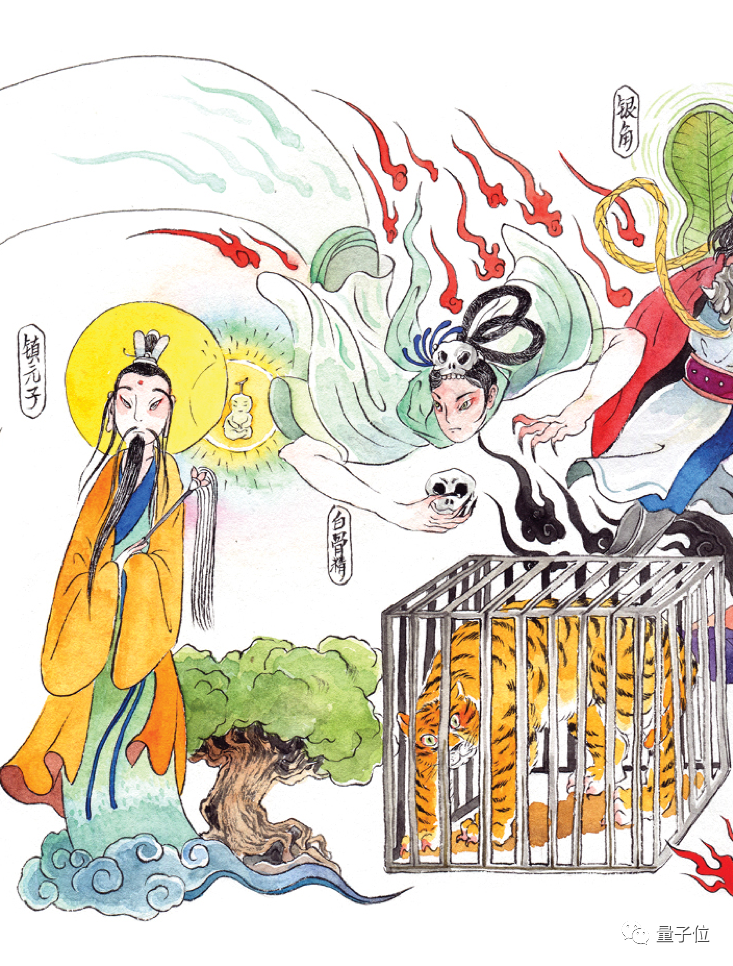 镇元子和白骨精 画卷纯手绘,精细以外还诙谐逗趣,生动地将人物神态